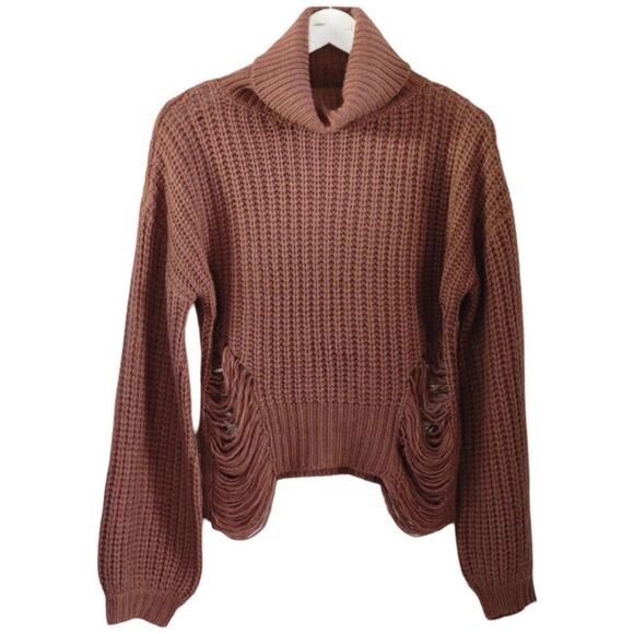 Cotton Candy LA Brown Knit Distressed Turtleneck Sweater M/L - Picture 4 of 8